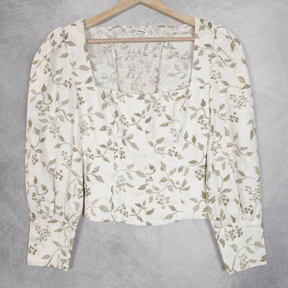 Reformation Blouse Womens 0 White Green Floral Linen Square Neck Puff Sleeve